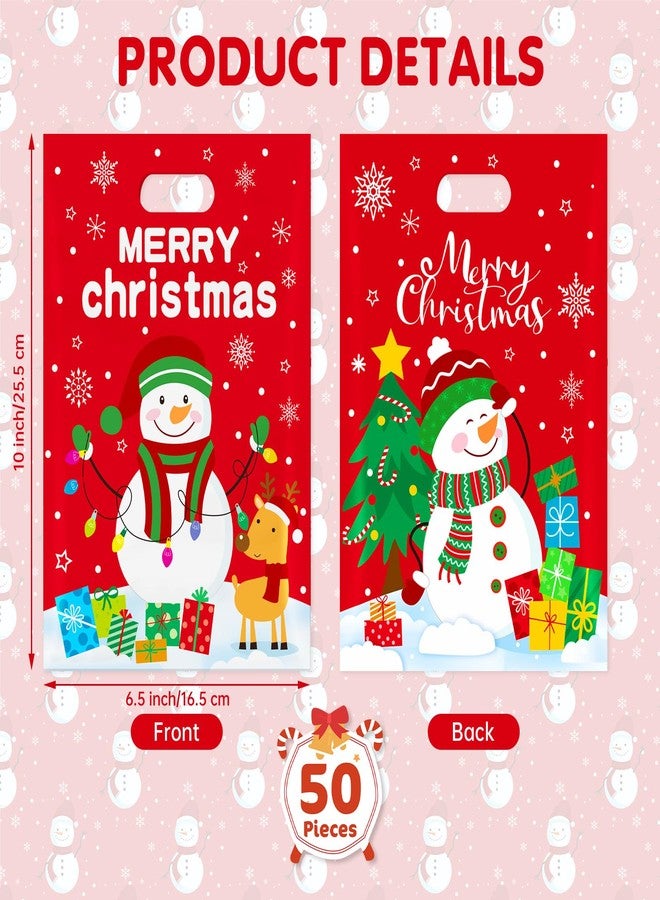 PERFQU 50 Pcs Christmas Gift Bags with Handles - Merry Christmas Goodie Bags, Cute Snowman Plastic Treat Candy Goody Cookie Snack Favor Tote Bag for Winter Xmas Holiday Christma Party Favors Supplies - Image 3
